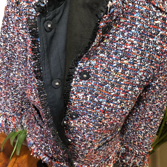 Ann Taylor Fiesta Multicolor Fringe Tweed Blazer Jacket Blk Red Blue Small Tall - Picture 4 of 10